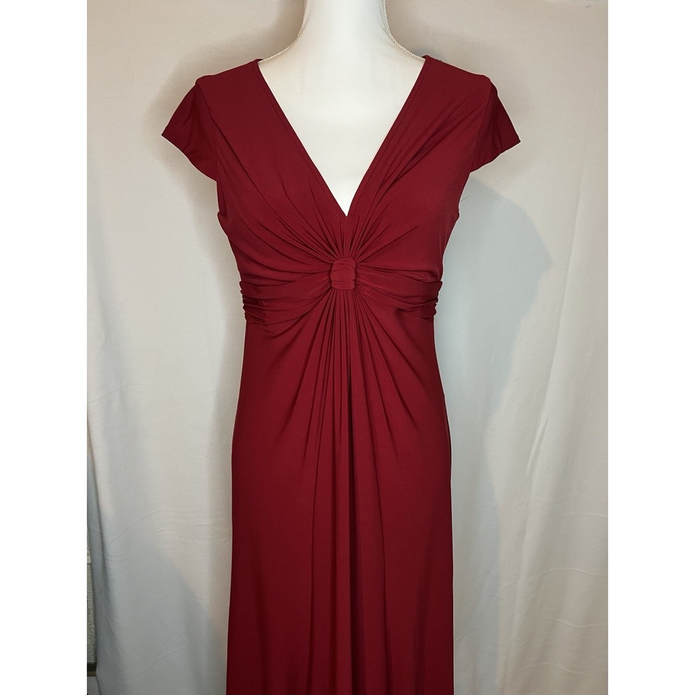 Jones Studio Red Ruched Dress Size 8 V-Neck Cap Sleeve Ring Front Evening Midi